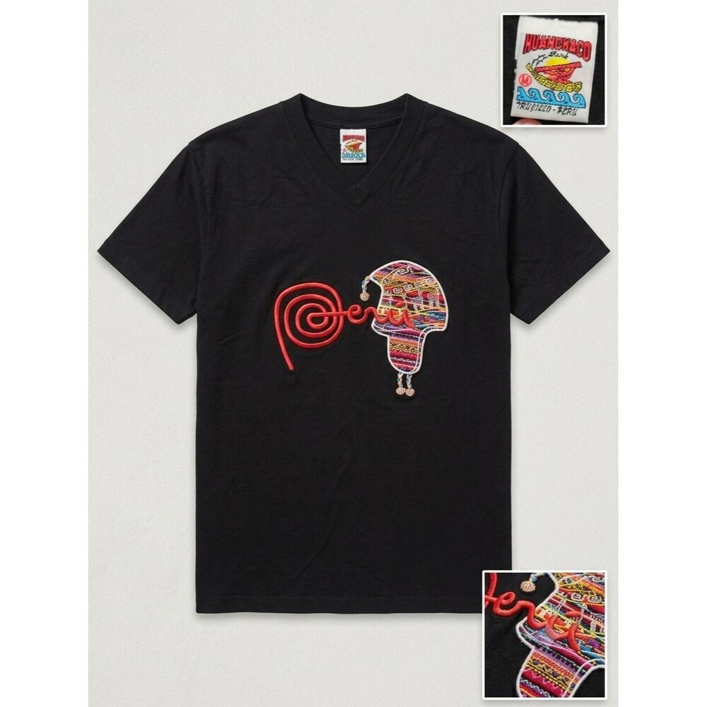 Huanchaco Men’s Black V-Neck Short Sleeve Embroidered Trujillo Peru Graphic Tee